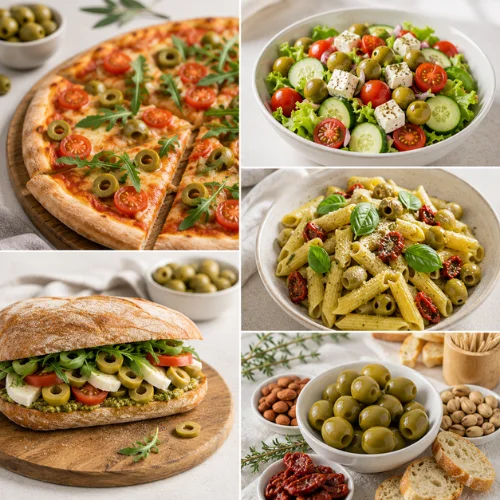Green olives used in pizza salad pasta sandwich snack plate