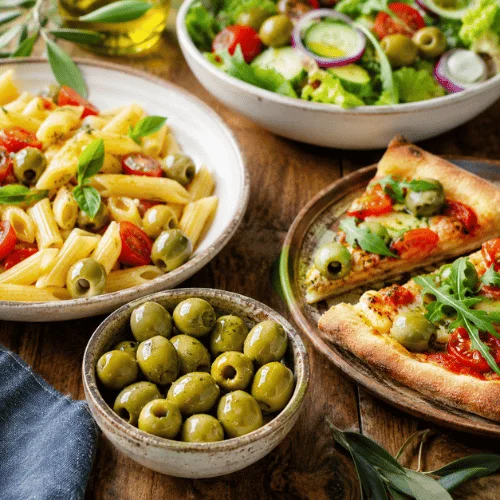 Green olives used in pasta, salad, pizza, and a small olive bowl