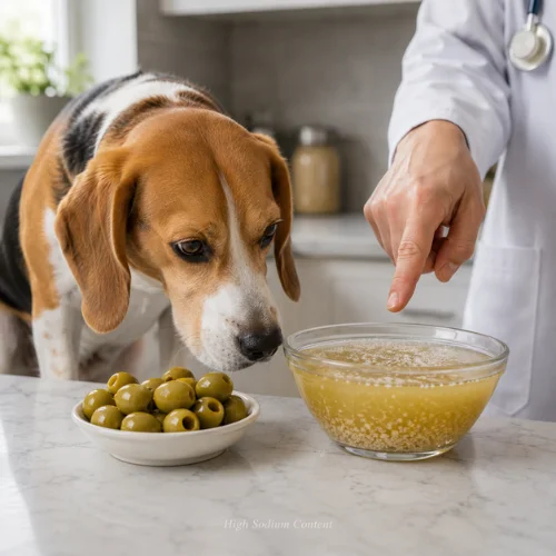 Green olives and salty brine showing the sodium risk of feeding olives to dogs