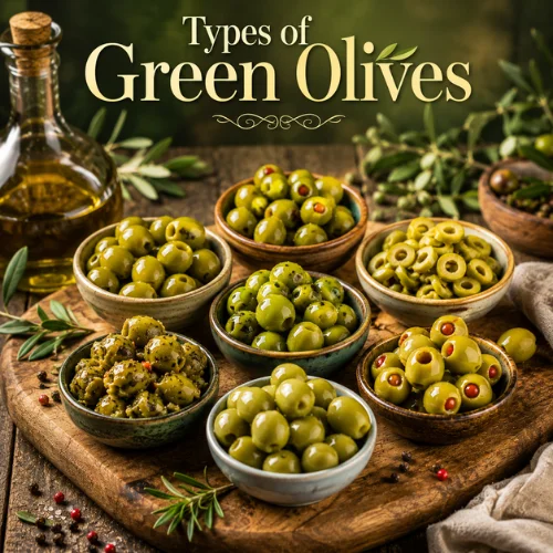Infographic-style image showing different types of green olives including whole, pitted, stuffed, sliced, marinated, cracked, and brined olives.