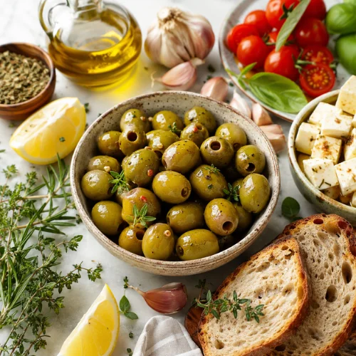 Bowl of green olives with garlic, lemon, herbs, bread, tomatoes, and cheese