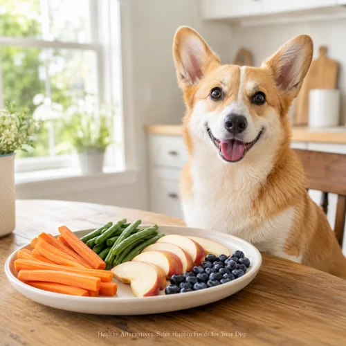 Healthy dog-friendly foods including carrots blueberries apples and green beans
