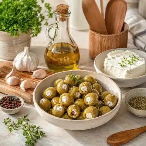 Homemade stuffed green olives with cheese garlic herbs and olive oil ingredients