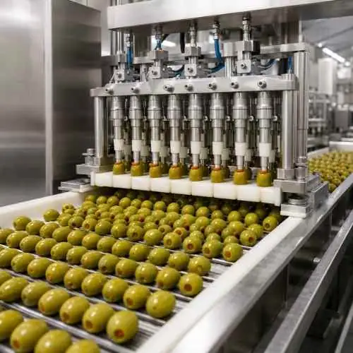 Green olives being filled with stuffing during the olive production process