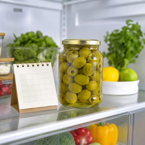 Jar of green olives on a refrigerator shelf with a small calendar nearby to show freshness and shelf life.