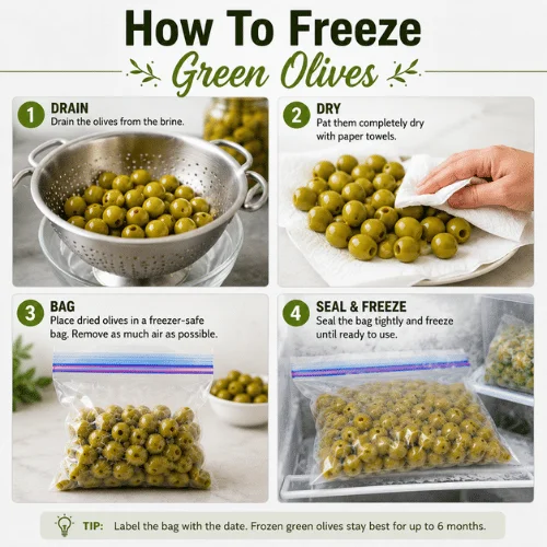 Step-by-step process showing how to freeze green olives