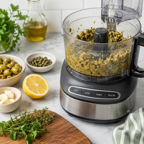 Green olive tapenade recipe being blended in food processor showing easy Mediterranean olive dip preparation step