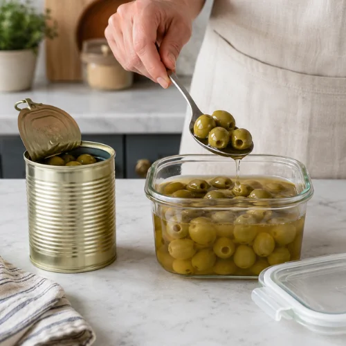Green olives being moved from an opened can into a clean airtight glass container with brine.