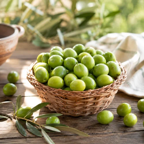 Fresh raw green olives in a small basket with olive leaves on a rustic kitchen table.