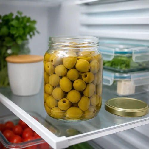 Opened jar of green olives covered in brine and stored on a clean refrigerator shelf.