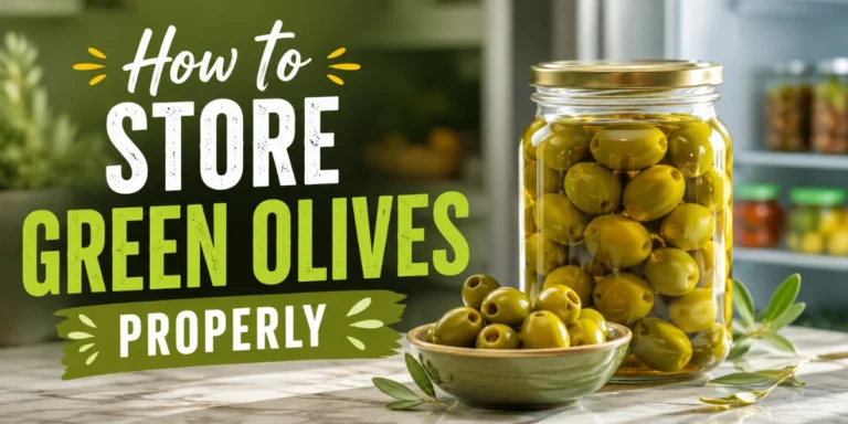 How to Store Green Olives, Glass jar of green olives stored in brine with a small bowl of olives on a clean kitchen counter.