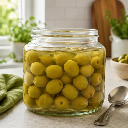Green olives fully covered in clear brine inside a glass jar with a clean spoon beside it.