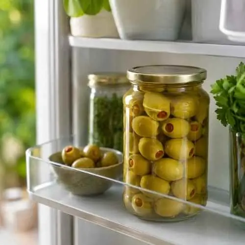 Glass jar of stuffed green olives stored in a refrigerator for freshness