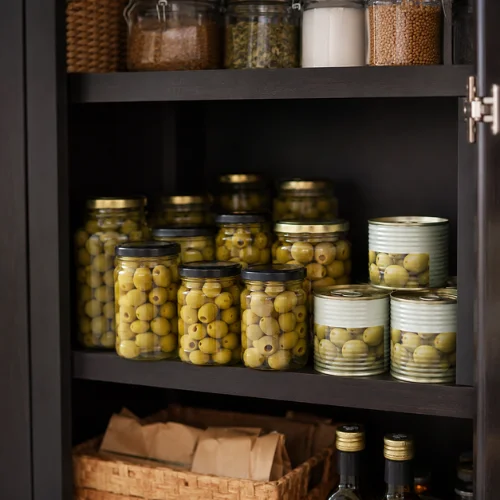 Unopened jars and cans of green olives stored neatly inside a cool dark pantry cabinet.How to Store Green Olives.