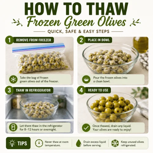 Frozen green olives being thawed safely in a bowl and refrigerator