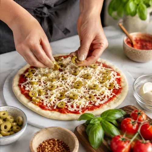 Hands placing sliced green olives on an unbaked pizza with tomato sauce and cheese.