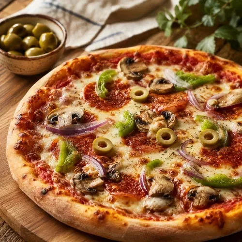 Hands placing sliced green olives on an unbaked pizza with tomato sauce and cheese.