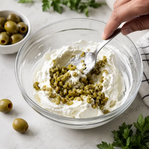 A spoon mixing chopped green olives into cream cheese in a glass bowl on a kitchen counter.