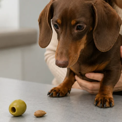 Dog near green olives showing the danger of olive pits and choking hazards