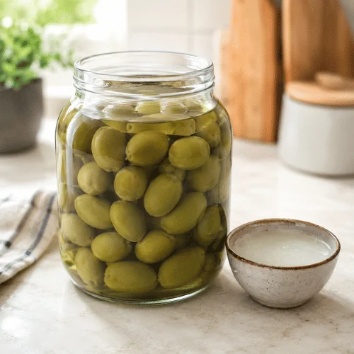 Opened green olives stored in the refrigerator with brine covering the olives