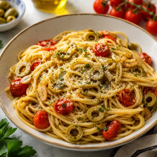 Pasta with green olives, tomatoes, garlic, herbs, and grated cheese