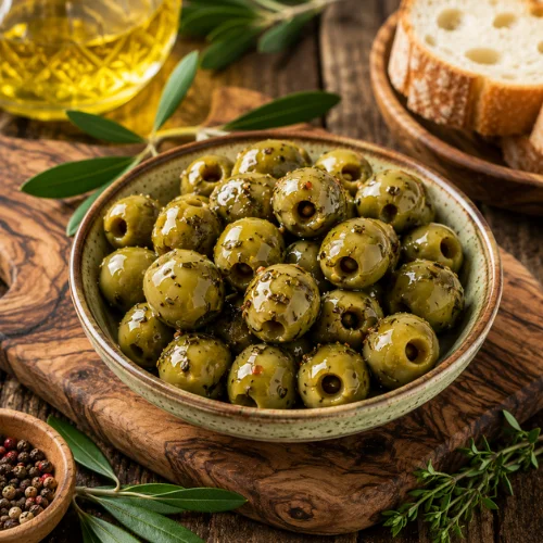 Glossy herb-marinated green olives in a ceramic bowl with olive oil, bread, and fresh herbs.