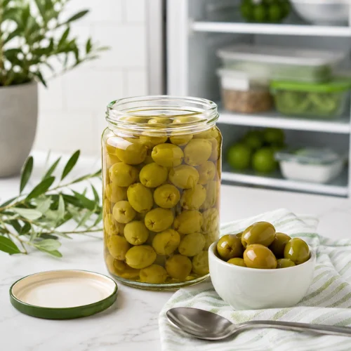 Green olive storage setup with jar of olives in brine, airtight lid, clean spoon, and refrigerator in the background.
