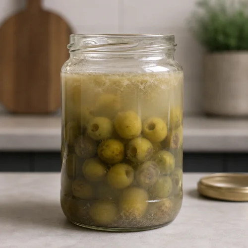Jar of green olives with cloudy brine on a clean countertop showing possible spoilage signs.