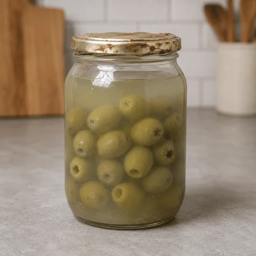 Spoiled green olives with cloudy brine and an unsafe looking jar lid