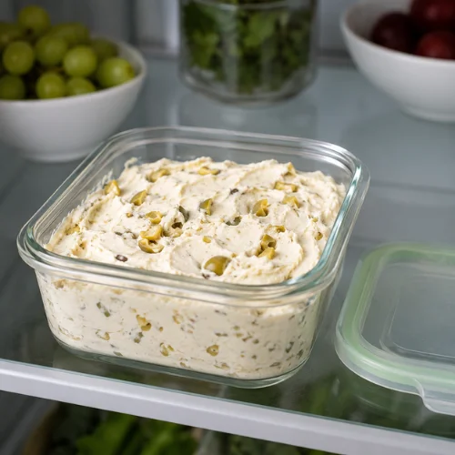 Green olive cream cheese spread stored in a clear airtight glass container inside a refrigerator.