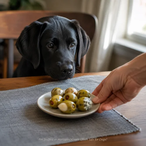 Stuffed green olives with ingredients that may be unsafe for dogs