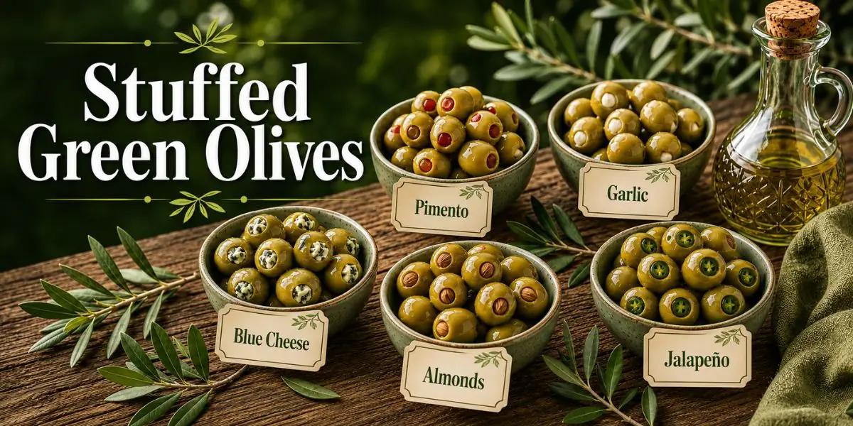 Stuffed green olives with different fillings including pimento garlic cheese almonds and jalapeno on a table
