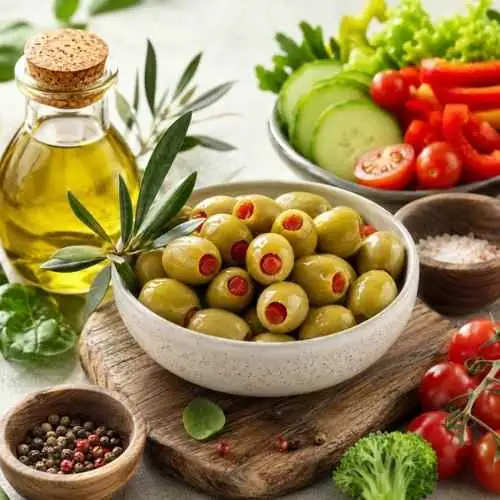 Healthy stuffed green olives served with vegetables and olive oil