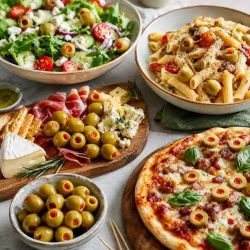 Different ways to serve stuffed green olives with salad pasta pizza and cheese board