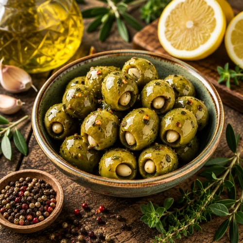 Stuffed green olives filled with garlic and almonds, served with lemon, herbs, olive oil, and peppercorns.