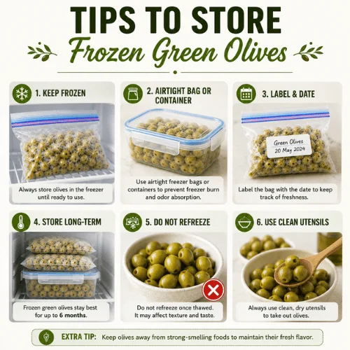 Storage tips for frozen green olives in freezer bags and airtight containers