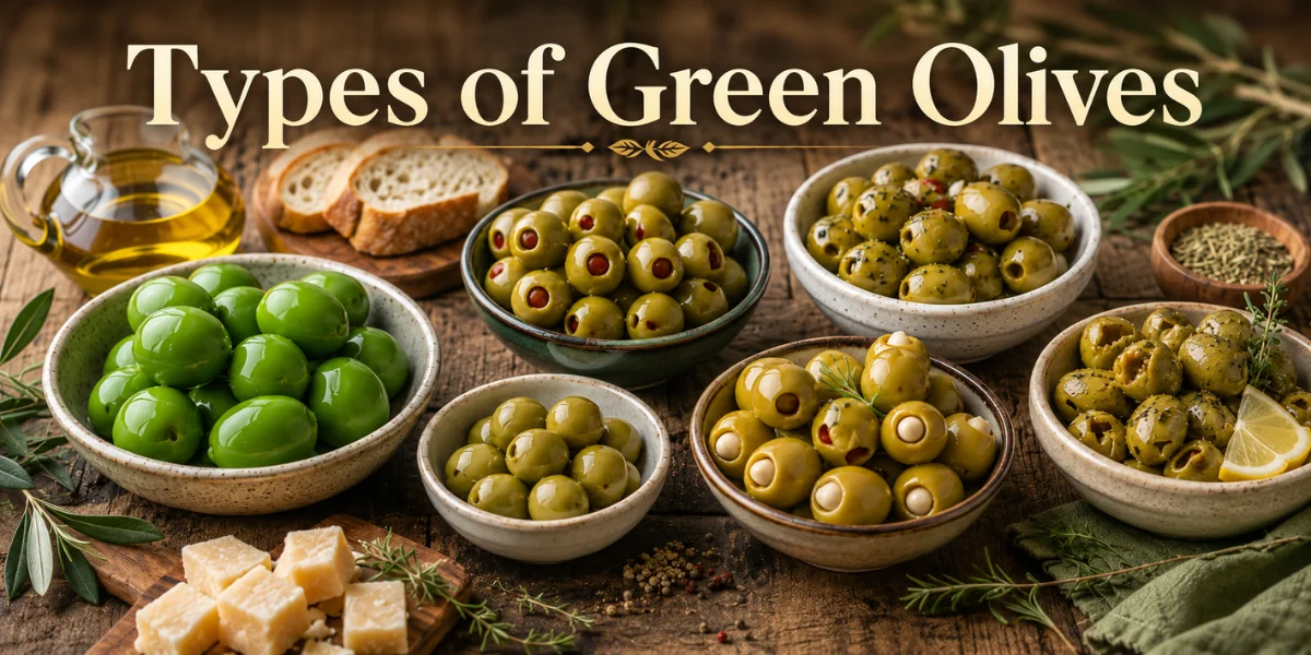 Different types of green olives served in rustic bowls with olive oil, bread, herbs, and Mediterranean-style ingredients.