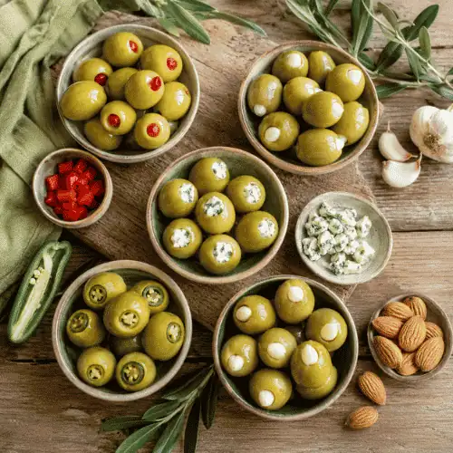 Different types of stuffed green olives with pimento garlic cheese jalapeno and almond fillings