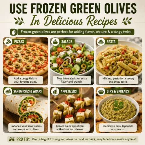 Green olives used in pizza, pasta, salad, sandwiches, appetizers, and tapenade