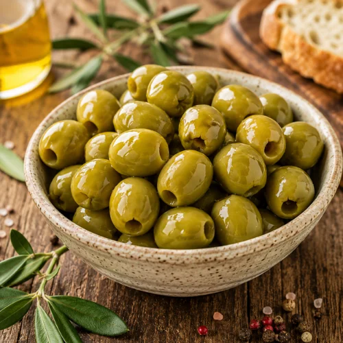 A ceramic bowl filled with glossy green olives on a rustic wooden table with olive leaves and bread.