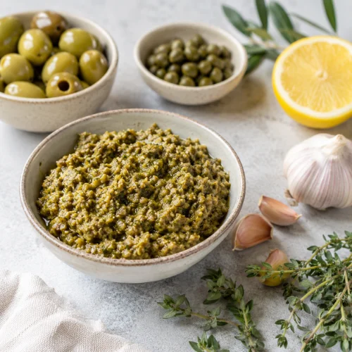 Vegan green olive tapenade recipe without anchovies made with olives capers lemon and herbs for healthy olive spread