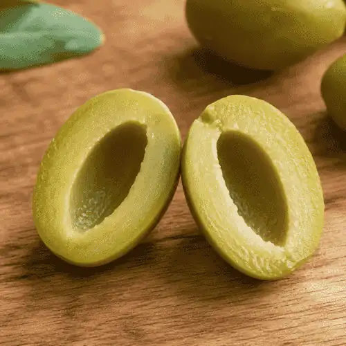 Close up of a green olive showing the hollow center after removing the pit