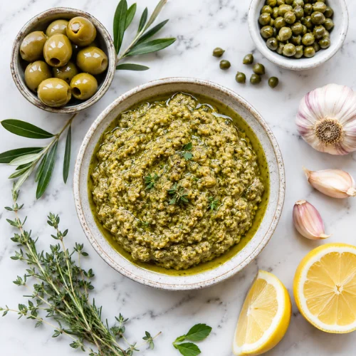 Green olive tapenade recipe ingredients like olives, capers, garlic, lemon, and herbs used in Mediterranean olive spread preparation