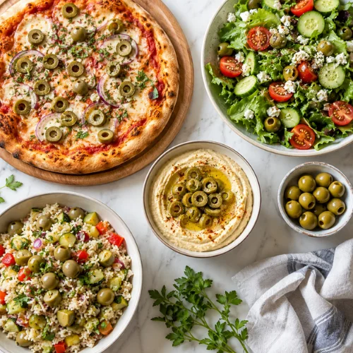 Green olive recipe ideas including pizza, salad, hummus, and grain bowl